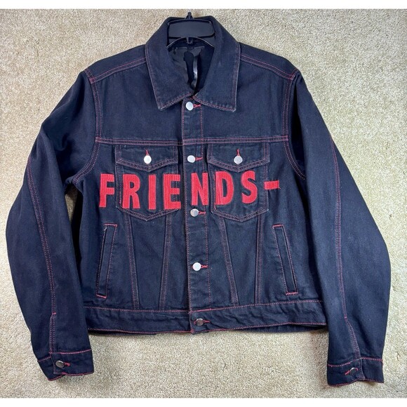 VLONE Denim Trucker Jacket Medium Black & Red Friends V Embroidered Logo Buttons - Picture 1 of 9